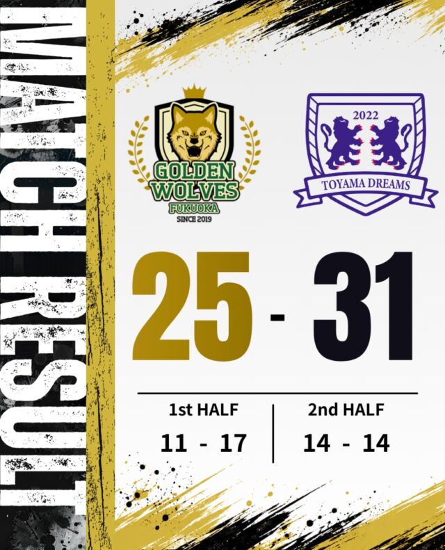 【試合結果】
2026.10.17（土）

⚫️ウルヴス 25（11-17,14-14）31 富山ドリームス⚪️

前半は相手にリードを許す苦しい展開となりましたが、後半は粘り強く戦い、互角の攻防を繰り広げました。

最後まで懸命に戦いましたが、前半の点差を埋めることができず、悔しい敗戦となりました。

今シーズン初勝利を目指し、次戦に向けてチーム一丸となって戦ってまいります🐺🔥

本日も温かいご声援ありがとうございました📣

#ゴールデンウルヴス福岡 #ウルヴス#農業#ハンドボール#リーグH